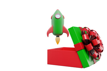 The holiday begins. A cartoon rocket flies out of an open gift box. 3D rendering