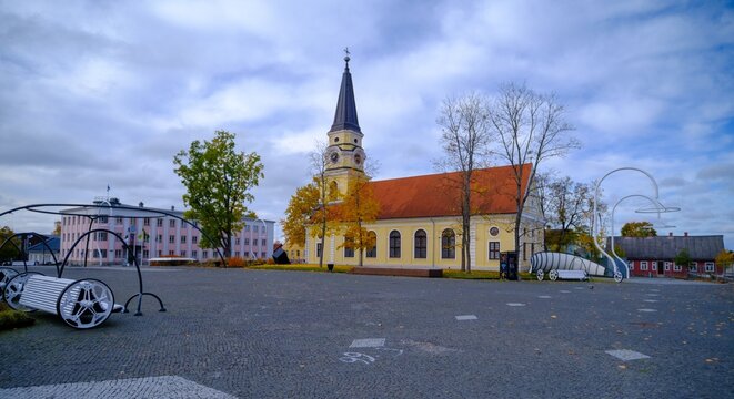 Voru, Estonia - October 21, 2023: Main city square of Voru in Estonia, Europe. Leisure area in Church. Voru city.