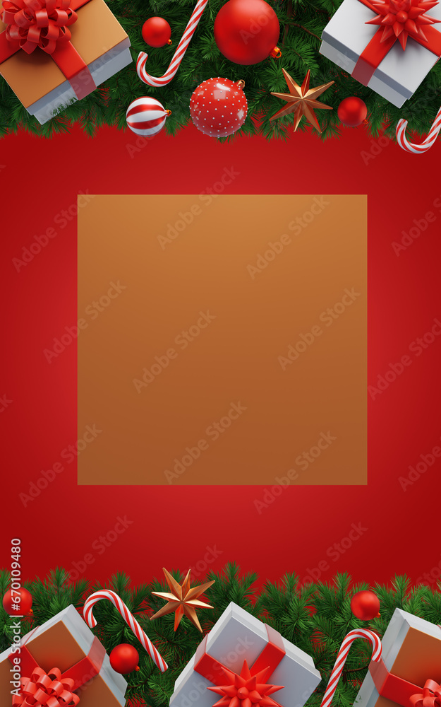 Poster christmas and new year frames. fir branches decorated with balls and gift boxes with space for text.