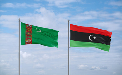 Libya and Turkmenistan flags, country relationship concept