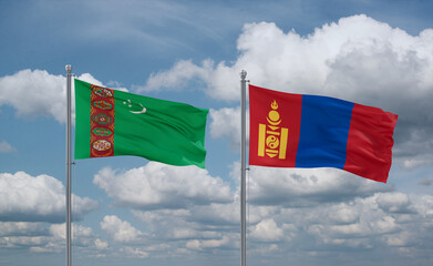 Mongolia and Turkmenistan flags, country relationship concept