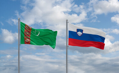 Slovenia and Turkmenistan flags, country relationship concept