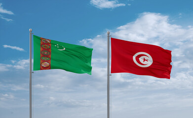 Tunisia and Turkmenistan flags, country relationship concept