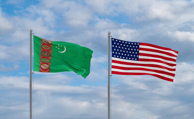 USA and Turkmenistan flags, country relationship concepts