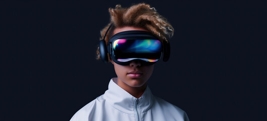 Girl with frizzy hair wearing a VR headset, virtual reality glasses to navigate the metaverse, dark background