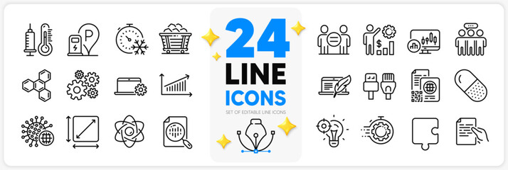 Icons set of Atom core, Cogwheel and Seo idea line icons pack for app with Coal trolley, Ethics, Qr code thin outline icon. Hold document, Copyright laptop, Employees wealth pictogram. Vector