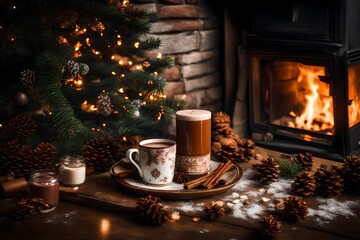 chimney burning with fire with lamp cups with hot coffe and smoke  and christmas tree  