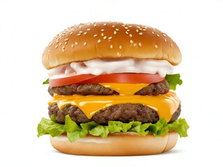three step burger in white background
