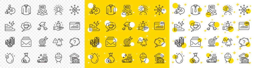 Outline Vitamin e, Shirt and Consumption growth line icons pack for web with Target goal, Auction, Chemistry lab line icon. Garage, Throw hats, Coins pictogram icon. 5g technology. Vector