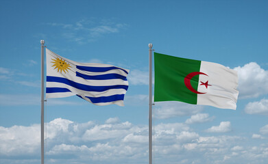 Uruguay and Algeria national flags, country relationship concept