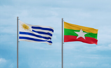 Myanmar and Uruguay flags, country relationship concept