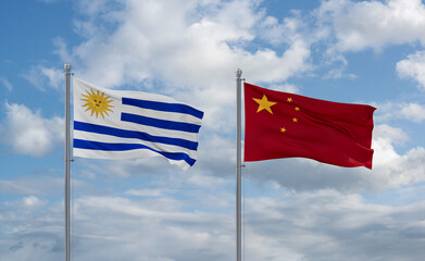 China and Uruguay flags, country relationship concept