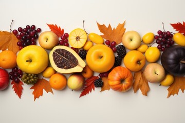 Naklejka na ściany i meble Apples, tangerines, berries and maple leaves in the center of a white background. Thanksgiving Day