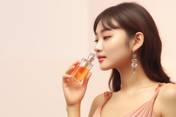A beautiful Asian Chinese or Japanese model poses with a perfume bottle , perfect for your high quality advertising and printing projects.