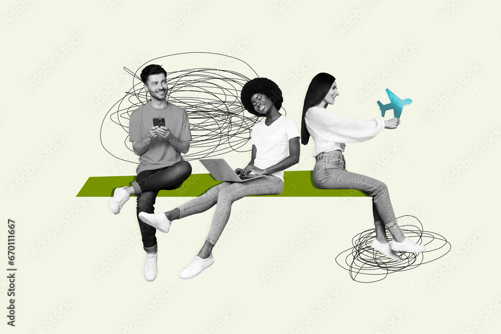 Poster creative composite photo abstract image collage of happy positive people searching tickets in bookin