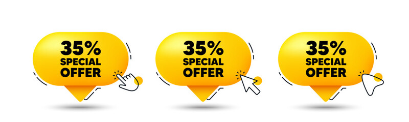 35 percent discount offer tag. Click here buttons. Sale price promo sign. Special offer symbol. Discount speech bubble chat message. Talk box infographics. Vector