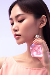 Obraz na płótnie Canvas A beautiful Asian Chinese or Japanese model poses with a perfume bottle , perfect for your high quality advertising and printing projects.