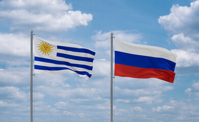 Russia and Uruguay flags, country relationship concept