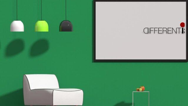 Modellazione 3D e video di parete con quadro e testo DIFFERENT IS BEAUTIFUL