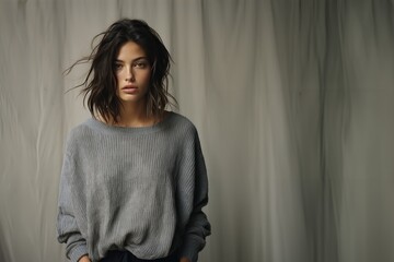 jeune modèle brune portant un pullover gris sur fond d'un rideau gris avec espace pour texte - obrazy, fototapety, plakaty