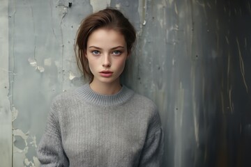 jeune modèle brune portant un pullover gris sur fond grunge avec espace pour texte - obrazy, fototapety, plakaty