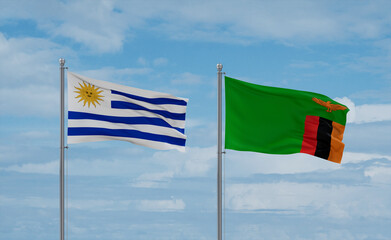 Zambia and Uruguay flags, country relationship concept