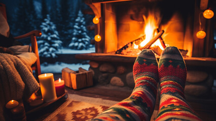 Obraz na płótnie Canvas Cozy winter Christmas cozy background Christmas socks close to the hot stove , Generative AI
