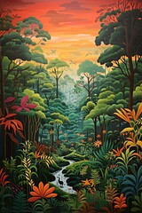Fototapeta premium A naive style jungle with lush plants. Tropical garden illustration with green colorful vegetation.