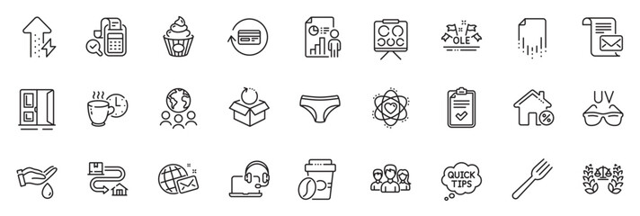 Fototapeta na wymiar Icons pack as Coffee break, Open door and Checklist line icons for app include Ole chant, Wash hands, Recovery file outline thin icon web set. Tracking parcel, Justice scales. Vector