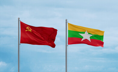 Myanmar Faso and USSR flags, country relationship concept