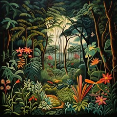 Obraz premium A naive style jungle with lush plants. Tropical garden illustration with green colorful vegetation.