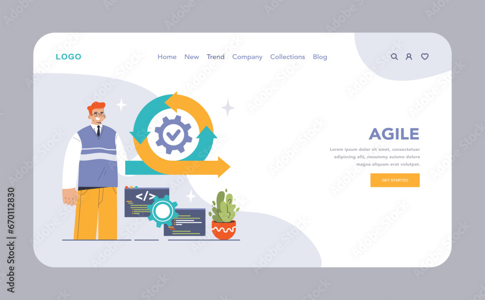 Poster devops web banner or landing page. software development methodology. software development and it ope