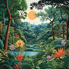 A naive style jungle with lush plants. Tropical garden illustration with green colorful vegetation.