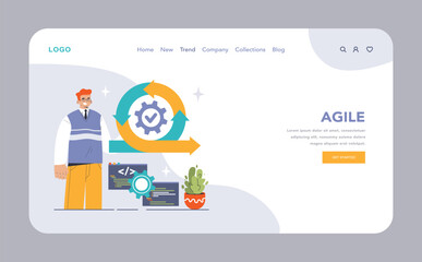DevOps web banner or landing page. Software development methodology. Software development and it operations life cycle, IT service integration and automation. Flat vector illustration