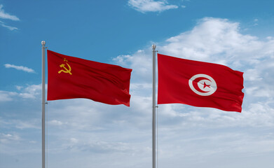 Tunisia and USSR flags, country relationship concept
