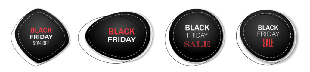 A set of black promotional sale badges on a white background. Discount sticker for Black Friday, advertising badge, trade label. Vector EPS 10.