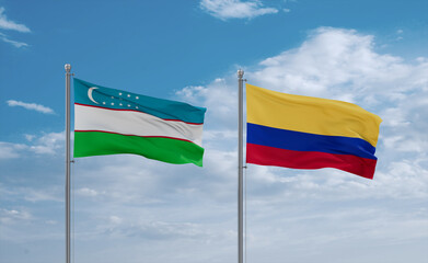 Colombia and Uzbekistan flags, country relationship concept