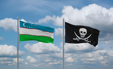 Pirate and Uzbekistan flags, country relationship concept