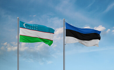 Estonia and Uzbekistan flags, country relationship concept