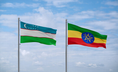 Ethiopia and Uzbekistan flags, country relationship concept