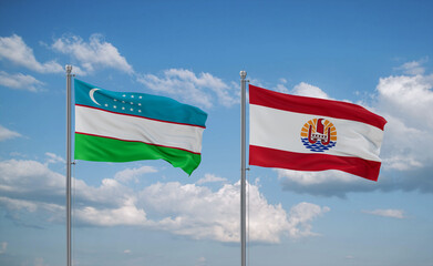 Uzbekistan and French Polynesia flags, country relationship concept