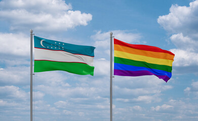 Gay Pride and Uzbekistan flags, country relationship concept