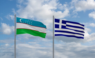 Greece and Uzbekistan flags, country relationship concept