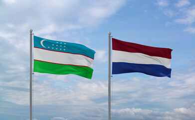 Netherlands and Uzbekistan flags, country relationship concept