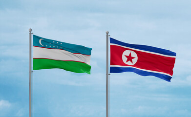 North Korea and Uzbekistan flags, country relationship concept
