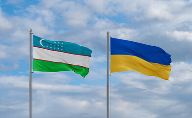 Ukraine and Uzbekistan flags, country relationship concept