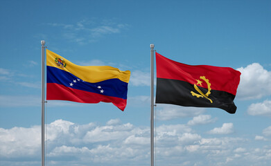 Venezuela and Angola national flags, country relationship concept