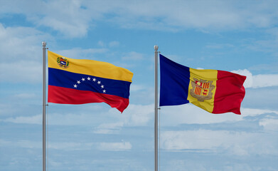 Venezuela and Andorra national flags, country relationship concept