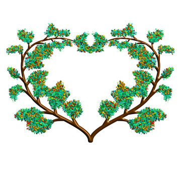 Branches et feuillage fleuri en forme de cœur