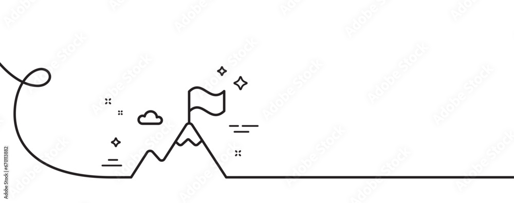 Poster mountain flag line icon. continuous one line with curl. goal challenge sign. leadership symbol. moun
